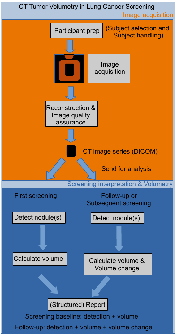 Flow diagram of CT tumor volumetry in lung cancer screening. Image acquisition: participant prep (subject selection and subject handling), image acquisition, reconstruction and image quality assurance, CT image series (DICOM), send for analysis. Screening interpretation and volumetry: first screening (detect nodules, calculate volume) or follow-up/subsequent screening (detect nodules, calculate volume and volume change), then a structured report — screening baseline: detection + volume; follow-up: detection + volume + volume change.